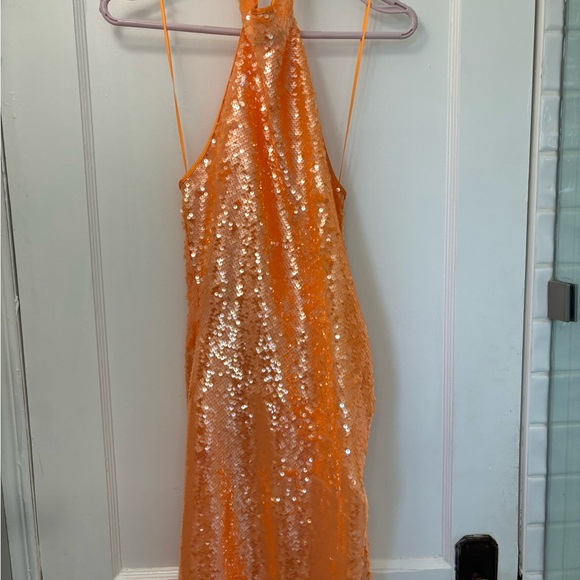 NWT Caroline Constas Orange Sequin Halter Midi Dress - Picture 5 of 9